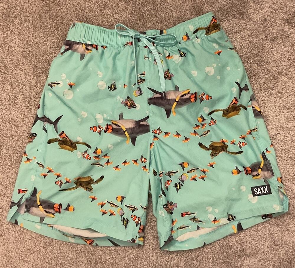 SAXX Oh Buoy 2N1 Swim Trunks Mens Shark Turtle Scuba BallPark Pouch DropTemp, M